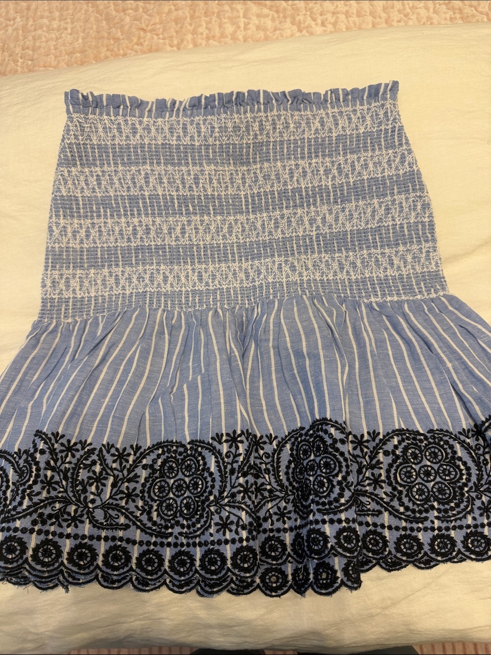 Maeve Blue and White Striped Smocked Mini Skirt with Black Embroidered Hem